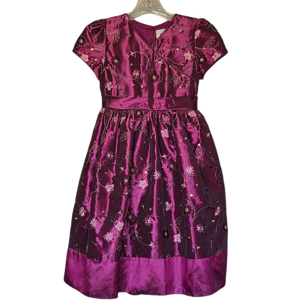 Marmellata‎ Girls Purple Satin Party Dress Size 10 Floral Embroidered Elegant